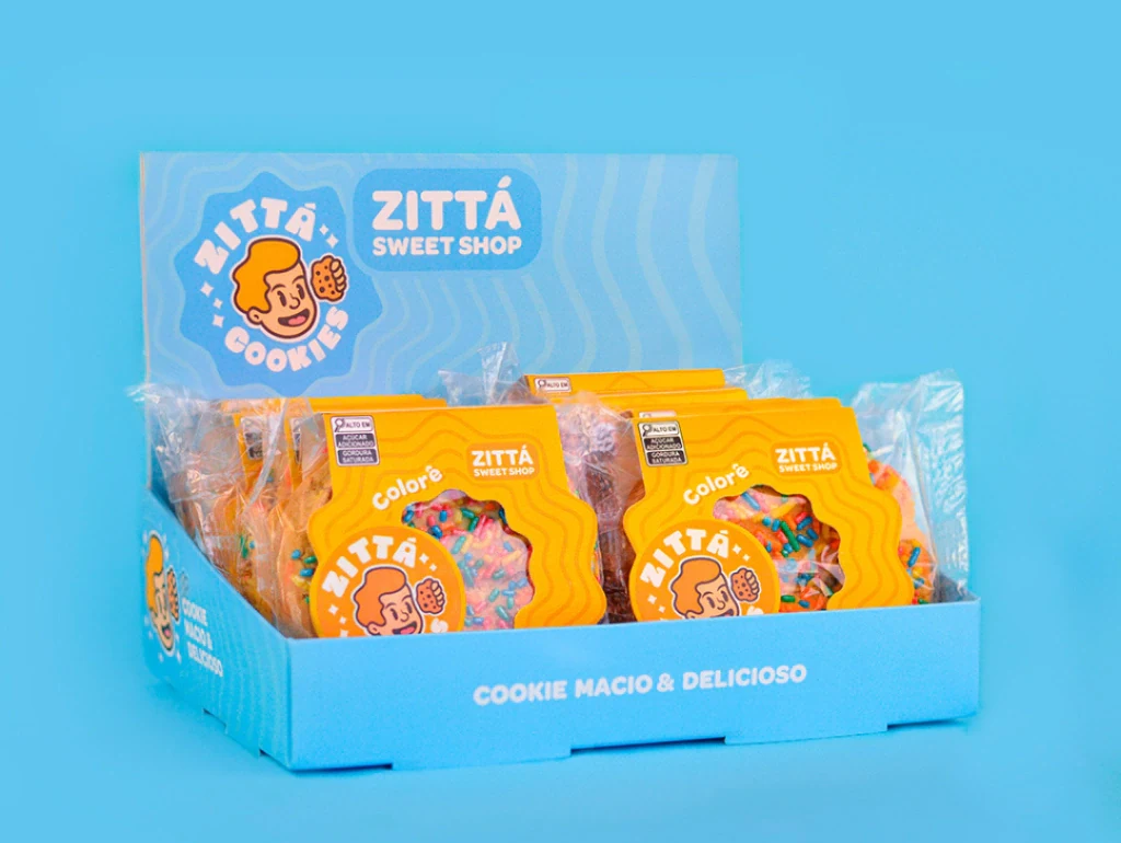 Caixa azul Zittá com cookies Colore em suas embalagens individuais